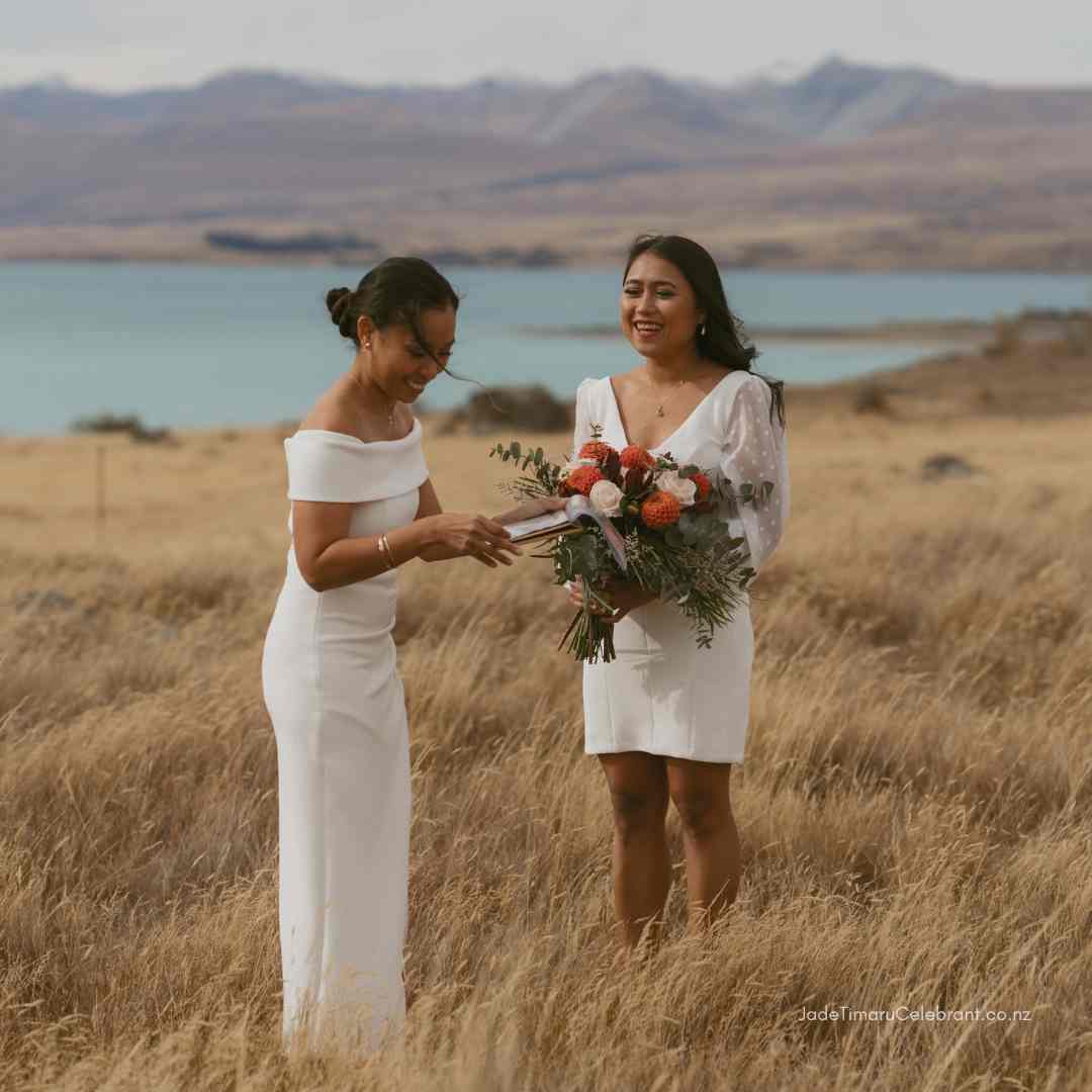 Same sex Elopement Package Lake Tekapo with Jade Whaley. American couple just married with destination wedding Mackenzie District. 